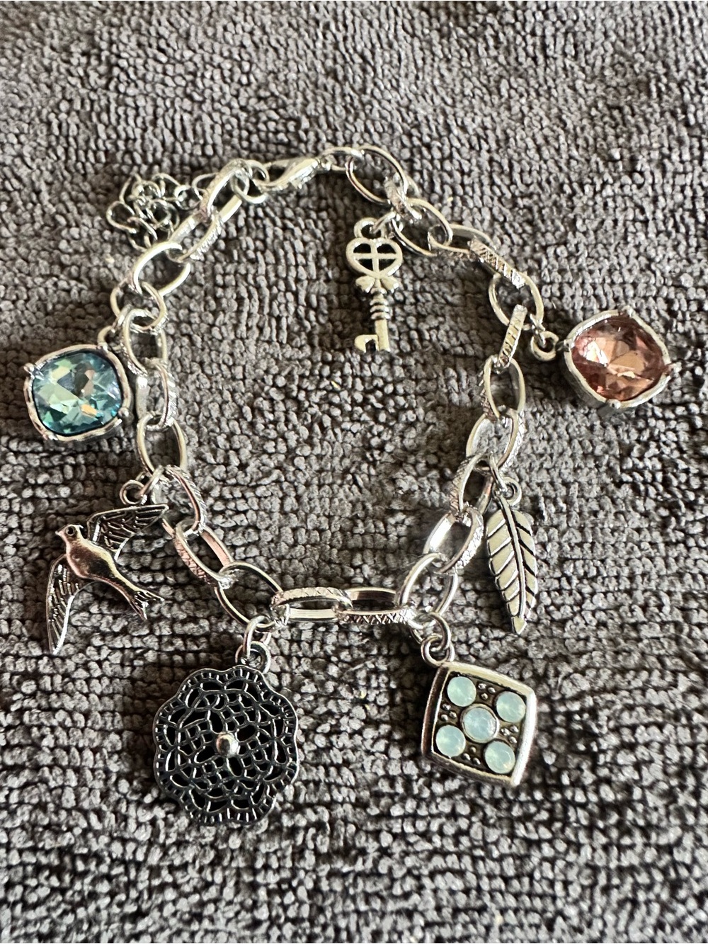 Silver-Tone Multi-Charm Bracelet with Aqua and Rose Crystals